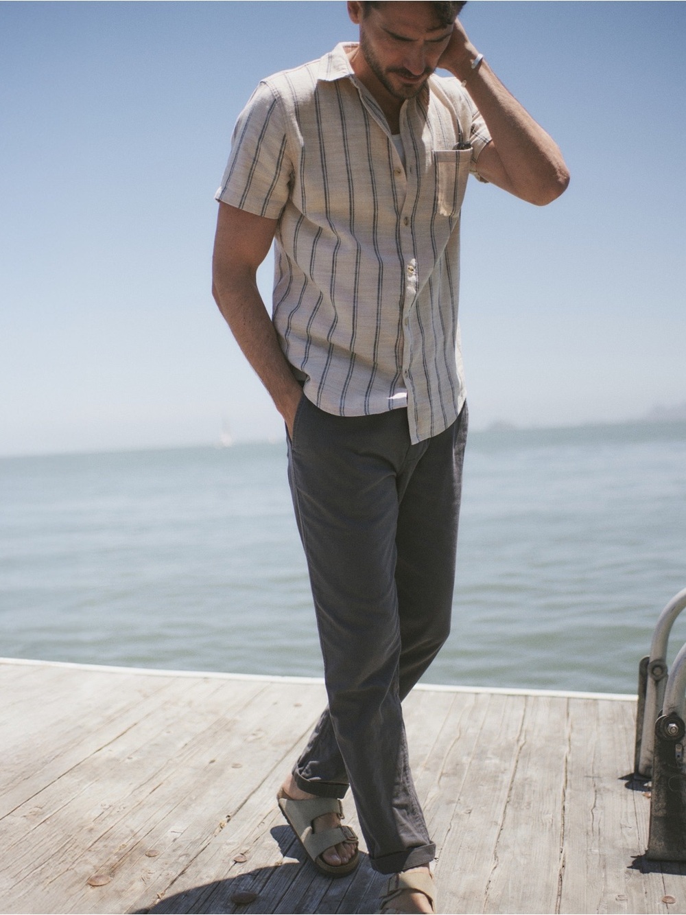Marine Layer Stretch Selvage Short Sleeve Shirt / Tan Stripe